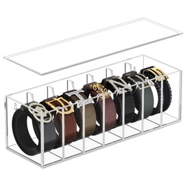 FEMELI Belt Organizer, Acrylic Belt Storage for Closet with Dust Cover, Clear Belt Container Display Holder for Drawer, Clear Belt Tie Case Hanger with 7 Compartments for Women Men Home