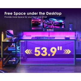 ODK 66 Inch Gaming Desk with USB Charging Ports and LED Lights, Reversible L Shaped Computer Desk with Storage Shelves & Monitor Stand, Corner Gamer Desk Table with Power Outlets, Carbon Fiber Black