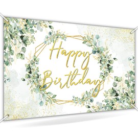 Avezano Sage Green Birthday Backdrop Greenery Eucalyptus Leaves Birthday Party Background Happy Birthday Party Decorations for Women Adults 70.8x43.3 inch