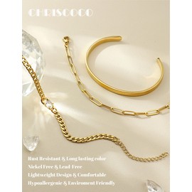 Chriscoco 3 Pieces Women's Gold 14 Carat Gold-Plated Stainless Steel Bracelet Women's Adjustable Bracelets Gold Twist Figaro Snake Bracelet Set Tennis Bracelet Golden Bracelets Jewellery for Women