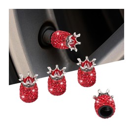 Sandfren Bling Crown Car Tire Valve Stem Caps, 4PCS Handmade Crystal Rhinestone Dustproof Vehicle Wheel Valve Covers, Attractive Zinc Alloy Auto Tire Accessories, Universal Fit (Red)