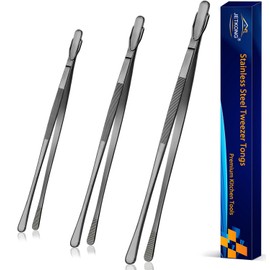 JETKONG 3Pcs Extra Long Kitchen Tweezers Heavy Duty Stainless Steel Cooking Tweezers (9 12 14 Inch, Black)