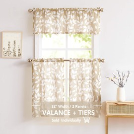 Treatmentex - Cortinas de cocina de hojas de 36 pulgadas, con estampado de hojas pequeñas para ventanas, 2 paneles, color blanco y gris pardo