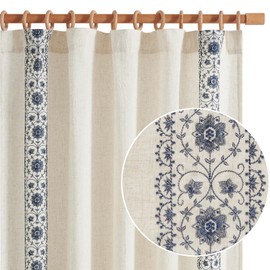 jinchan Linen Curtains for Bedroom Blue Vintage Floral Farmhouse Curtains 84 Inches Long Boho Curtains for Living Room Embroidered Bordered Drapes Light Filtering Rod Pocket Blue on Beige 2 Panels