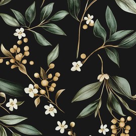 VOLEAAR Black Green Floral Peel and Stick Wallpaper, 17.5" x 197" Vintage Dark Green Leaf Botanical Self-Adhesive Contact Paper for Bathroom Bedroom Kitchen Cabinet Drawer Vinyl Wall Paper Dark Green