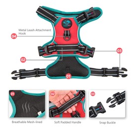 PHOEPET 2019 Dog Harness, No Pull Reflective Adjustable Vest with Training Handle, 2 Metal Leash Hooks, 3 Snap Buckles and 4 Sliding Buckles (Medium, Red)