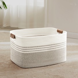 SunNewt Laundry Hamper 60L Large Blanket Storage, Blanket Basket Living Room, Toys, Towel, Dirty Clothes in Bathroom, Bedroom, Nursery Laundry Basket with Leather Handles - Beige Brown Color