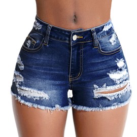 Tunlaud Women's Stretch Ripped Denim Shorts Mid Waist Casual Frayed Raw Hem Distressed Jean Shorts (M, Dark Blue)