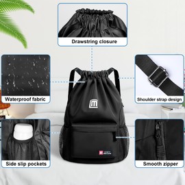 Tesmien Drawstring Bags,Waterproof Swimming Bags Unisex Sports Backpacks for Kids Adult, Large Drawstring Sackpacks Bags for School Gym Sports Travel Swimming-Black