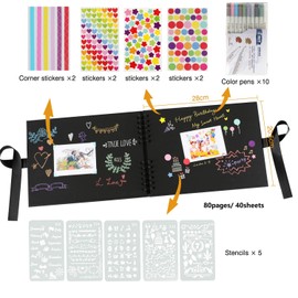 YILEEY Scrap Book 80 Black Pages Scrapbook, Photo Album 12 x 9 inches Memory Books Guestbooks, DIY Gift Scrapbooking Kits with 10pcs Markers Pens 5pcs Stencils 6pcs Stickers and 2pcs Photo Corners