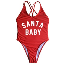 Women One Piece Swimsuit Santa Claus Merry Christmas One Piece Swimwear Tummy Control Flounce Backless (US, Alpha, X-Large, Regular, Regular, Standard, RED)