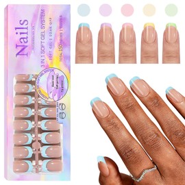 CHANGAR French Gel Nail Tips, 150Pcs Extra Short Square French Tip Press on Nails with Pre-applied Tip Primer & Base Coat No Need File False Nails for Nail Art DIY（Rainbow- Square）