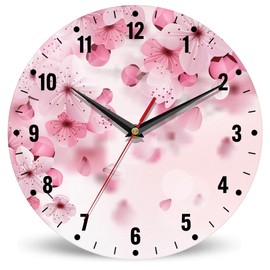 SPUNKER Wall Clocks,Cherry Blossom Wall Clocks for Living Room Decor,Pink Sakura Flower Kitchen Clocks Wall Battery Operated - 10 Inch Round Bathroom Wall Clock Silent Non-Ticking