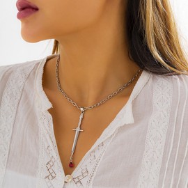 Aonklot Sword Necklace Punk Choker Necklace Adjustable Silver Chain Necklace Gothic Necklace Simple Ruby Charm Pendant Necklace Jewelry for Women