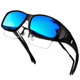 KANASTAL Blue Over Glasses Sunglasses Mens Fit Over Sunglasses for Women Wrap Around Ladies UV400 Rectangular Side Shield - Black Frame Blue Mirrored