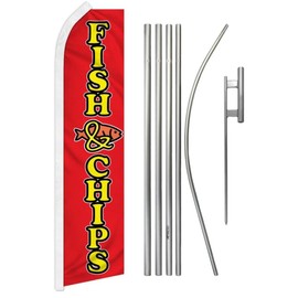 Fish & Chips (Red & Yellow) Advertising Super Swooper Flag & Flag Pole Kit & Ground Spike