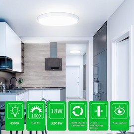 LED Ceiling Light, Flat Round 18 W 6500 K 1600 lm IP44 Modern Cool White LED Lamp for Bathroom, Kitchen, Hallway, Bedroom, Balcony, Living Room, Stairs, Basement, Diameter 22.3 cm