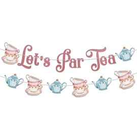 Let's Par Tea Banner - Tea Party Birthday Decorations, Garden Tea Party Birthday Banner, Floral Tea Party Bridal Shower Party Decorations Rose Gold Glitter