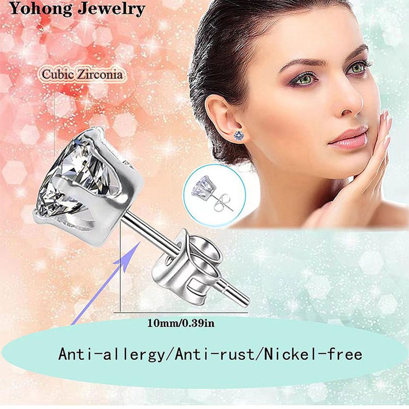 6 Pairs Hypoallergenic Stainless Steel Cubic Zirconia Stud Earrings Set