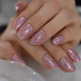 Light Pink Oval Nail Art Tips Mix Glitter Short Ladies Pigment Fake Nails Grace Lady EchiQ Brand Designed Faux Nail