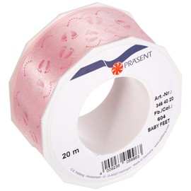 Präsent - Baby Feet Printed Satin Ribbon Pink 40 mm width, 20 m length