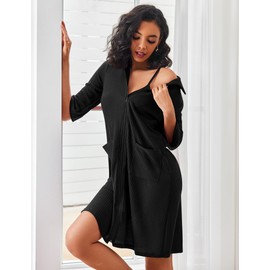 Ekouaer Zipper Robes for Women Waffle Knit Bathrobes Short Lightweight Knee Length Loungewear with Pockets