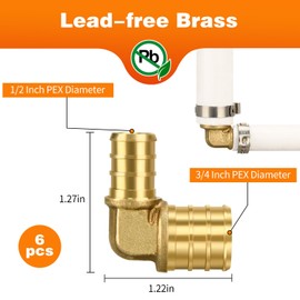 6 Pack PEX 3/4" × 1/2" Elbow Fittings, Brass Crimp for PEX Pipe in Plumbing Jobs