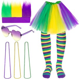 FIOEOZ Mardi Gras Costume Accessories Outfit, Includes Layered Tulle Tutu Skirt, Mardi Gras Wigs, Glasses, Mardi Gras Beads Necklace for 80s 90s Birthday Mardi Gras Party