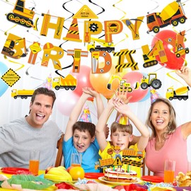 Zercart Construction Party Banner Decorations ,Tractor Birthday Party Supplies, Construction Birthday Paper Hanging Cutouts,Construction Hanging Swirls Party Decorations，Construction Party Decorations