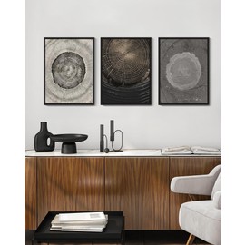 PHOPAGO Vintage Wood Tree Rings Wall Art Farmhouse Rustic Framed Canvas Paintings Nature Artwork 11x14in Black Framed