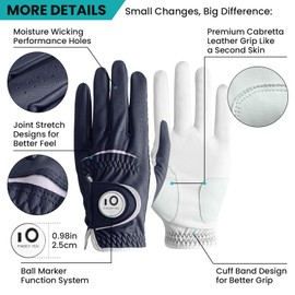 FINGER TEN Golf Gloves Men Right Hand Left Leather with Ball Marker All Weather Value Pack, Mens Golf Glove Wear Resistant Stable-Grip Weathersof for Swing (Dark Blue, M-Worn on Right Hand)