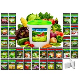 B&KM Farms 20,000+ Survival Seed Kit 5+ Year Supply. 30 Fruit & Vegetable Non-GMO Heirloom Seeds for Planting a Home Garden. Secure Emergency Weather-Proof Bucket