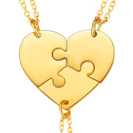 U7 Jigsaw Pendant & Rolo Chain, Heart Necklace, 3 Piece Blank Puzzle Pendants, Make Up A Heart, 3 Pieces Suit Necklace, BFF Necklace, Gold Plated Stainless Steel Jewelry Necklace
