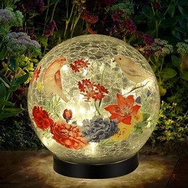 Solar Globe Lights Outdoor Waterproof, Cracked Glass Ball Orb Lights, Waterproof Globes for Garden Pathways, Patio Decor & Backyard Landscaping, Round Ornaments Orbs (Red Flower)