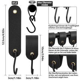 Leather S-Hooks Pack of 6 S Hooks with Leather Loop, Multifunctional Hooks, S Hooks, Black, Coat Hooks, Coat Hooks, Butcher Hooks, Leather, Hooks for Hanging for Kitchen, Bathroom, Bedroom, Living