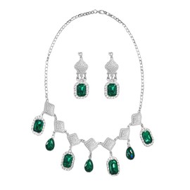 Elegant Rectangle CZ Beaded Long Dangle Drop Earrings Vintage Indian Teardrop Choker Necklace Set for Women Silver Plated Fashion Boho Antique Bolloywood Jewelry (Green)