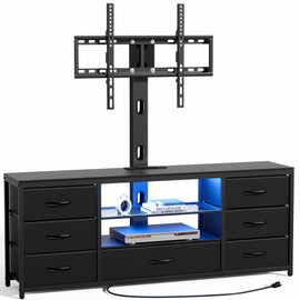 TV Stand with Mount and 7 Fabric Drawers, Led Entertainment Center with Power Outlets for 32 45 55 60 65 70 inch TVs, Black Dresser with Open Shelves, Media Console Cabinet for Living Room Bedroom