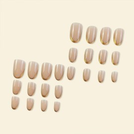 24Pcs French Tip Press on Nails Almond Shape Medium Fake Nails With Gold Tips Design Glossy Pink Acrylic Full Cover Stick on Nails With Glue False Nails for Women and Girls Manicure