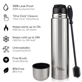 Milu Thermos Flask Insulated 1L Stainless Steel Water Bottle 100% Leak-Proof Double Wall Insulation, 1000 ml