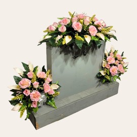 Realistic Artificial Cemetery Flowers - Silk Faux Floral Cream Pink Roses and Calla Lily - Bouquet Pair for Grave - Headstone Saddle - Memorial Flowers