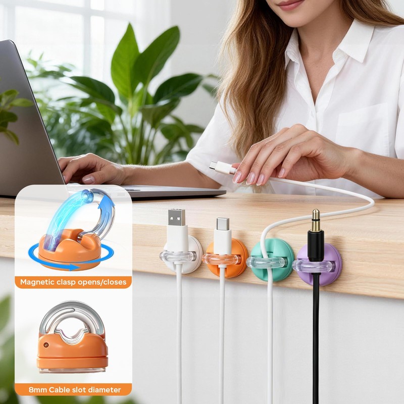 8 Pack 360° Rotatable Magnetic Cable Clips, Adhesive Cord Holder