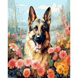 WUIVCTR Canvas Paint by Numbers Kits for Adults, German Shepherd Dog and Flowers, DIY Kit for Adults Acrylic Paint Oil Picture of Coloring by Numbers Art, 40x50cm