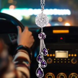 ToBeQueen Car Bling Rearview Mirror Accessories for Women, Rearview Mirror Crystal Pendant,Crystal Ball Charm Decor Bling Car Accessories for Women Interior,Purple