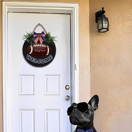 Ymaotrade Welcome Football Front Door Sign Funny Wreaths Hanging Wooden Plaque Decoration Round Rustic Farmhouse Porch Decor for Home Front Door Decor 12"