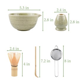 5pcs Japanese Matcha Whisk Set,Matcha Bowl with Spout,Tea Spoon,Ceramic Whisk Holder,Strainer,Traditional Tea Ceremony Accessory for Matcha Lover