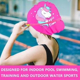 Kids Swim Caps for Girls (Age 2-6), Durable Waterproof Silicone Swimming Cap for Short Hair with Swimming Goggles, Ear Plug and Nose Clip (Rose Red, Large (6-12 Years))