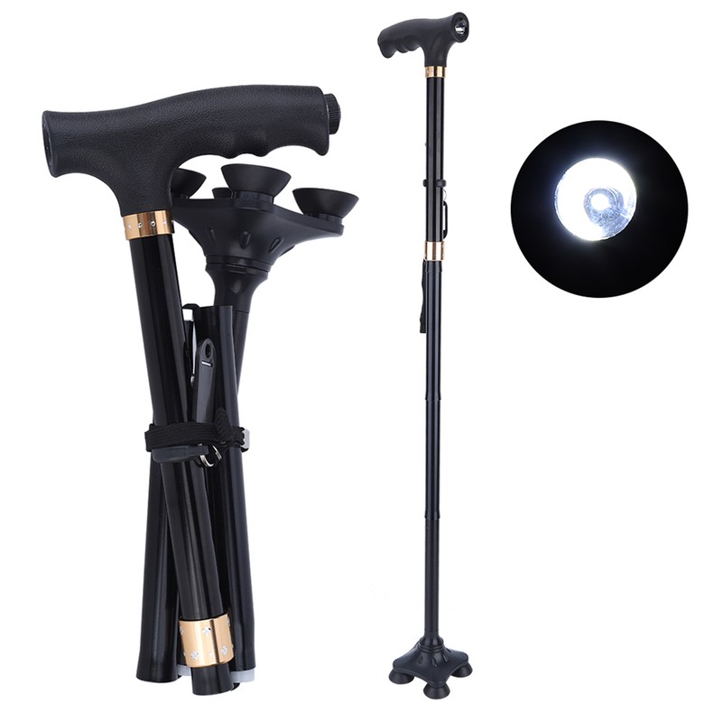 Adjustable Folding Cane Aluminium Alloy Antislip Walking Stick with Lamp