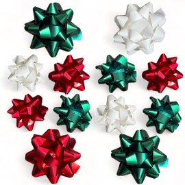 Mijoma Set of Curling Ribbon, Poly-ribbon, Gift Ribbon, Gift Bows for Crafts and Packaging, Glossy and Matt, Assorted (12 Pieces of Gift Bows, White, Red, Green)