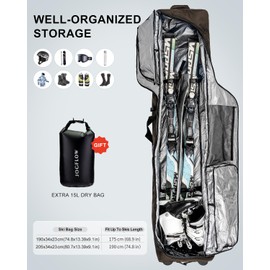 jogflow Ski Bag 360° Fully Padded Ski Bag with Wheels, 1200D Waterproof Fabric, 10mm Pearl Cotton Padded, Fits Single Ski/Double Skis/2 Sets Skis, Roller Ski Bag for Air Travel-Fit Up to 190cm Skis