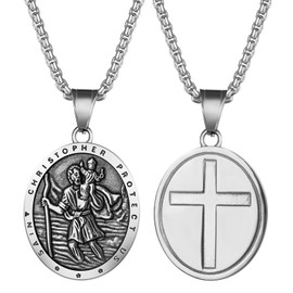 Flongo Saint Christopher Necklace for Men: Cross Saint Christopher Locket Black Gold Pendant Saint Anthony Symbol Travel Protection Catholic Religious Chain Lucky Charm Protection Amulet